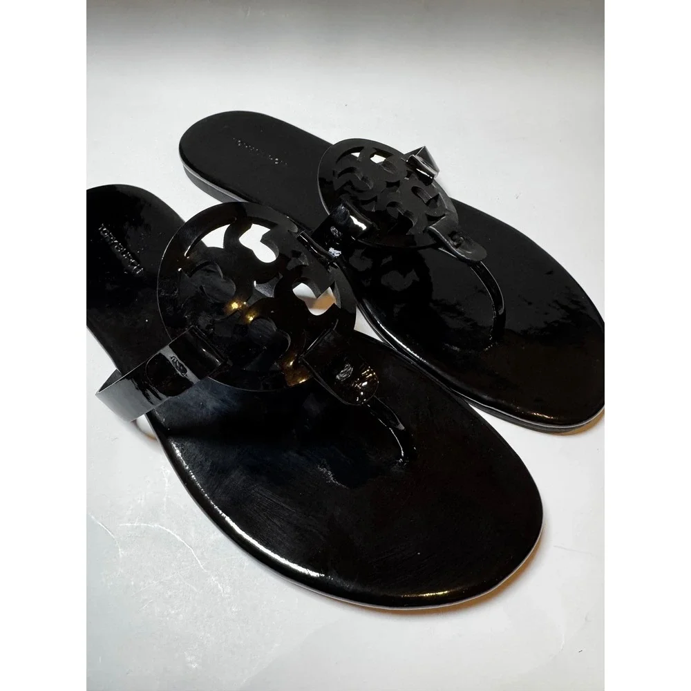 Tory Burch Miller Cloud Black Patent Leather Logo Thong Sandals 10.5